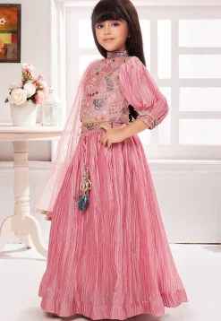 Embroidered Polyester Lehenga in Pink