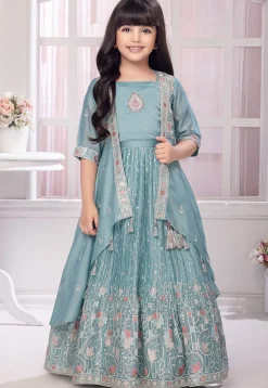 Embroidered Polyester Lehenga in Light Blue
