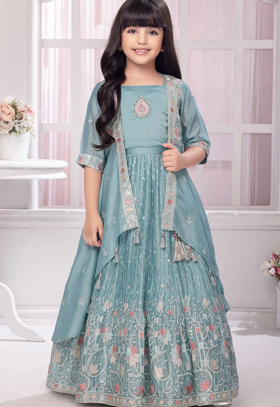 Embroidered Polyester Lehenga in Light Blue
