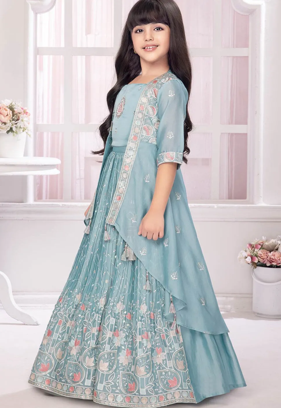 Embroidered Polyester Lehenga in Light Blue