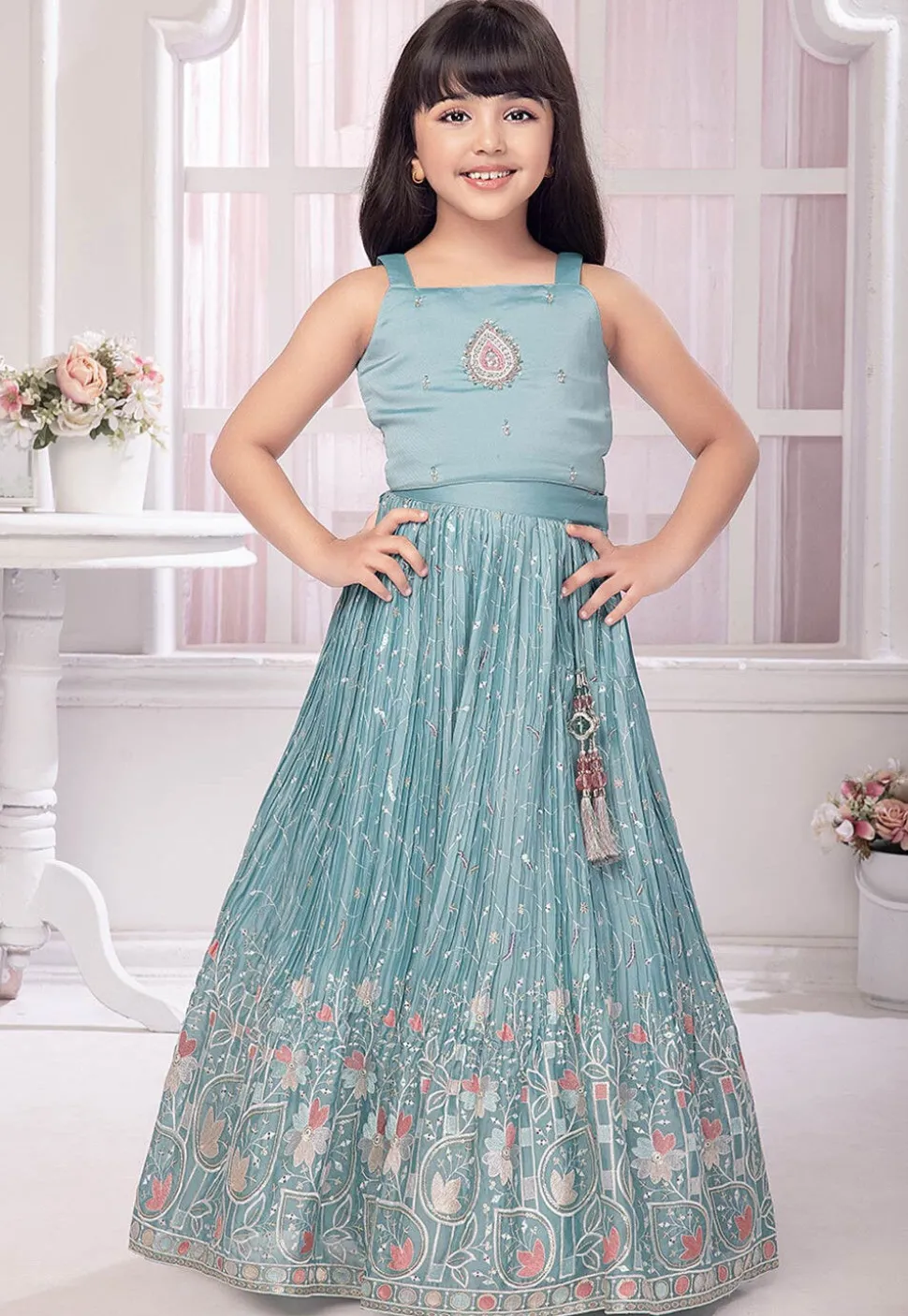 Embroidered Polyester Lehenga in Light Blue