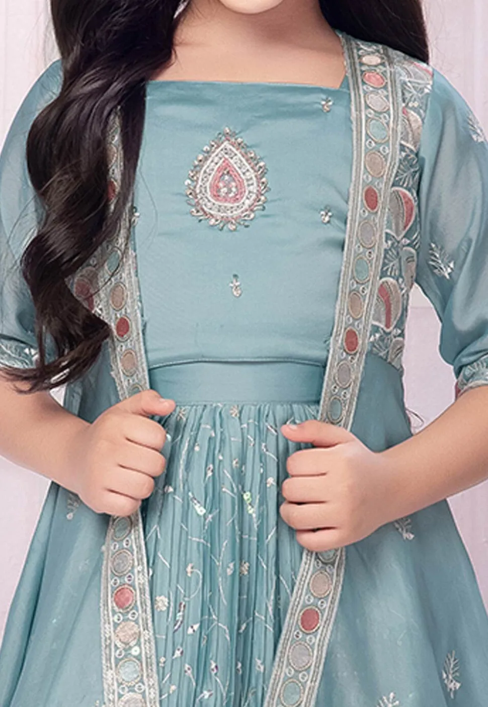 Embroidered Polyester Lehenga in Light Blue