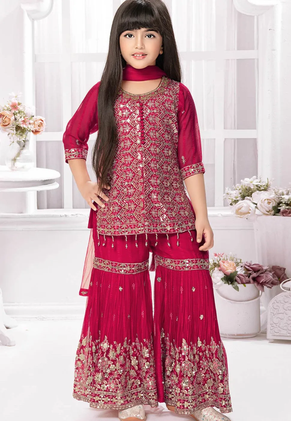 Embroidered Polyester Pakistani Suit in Fuchsia