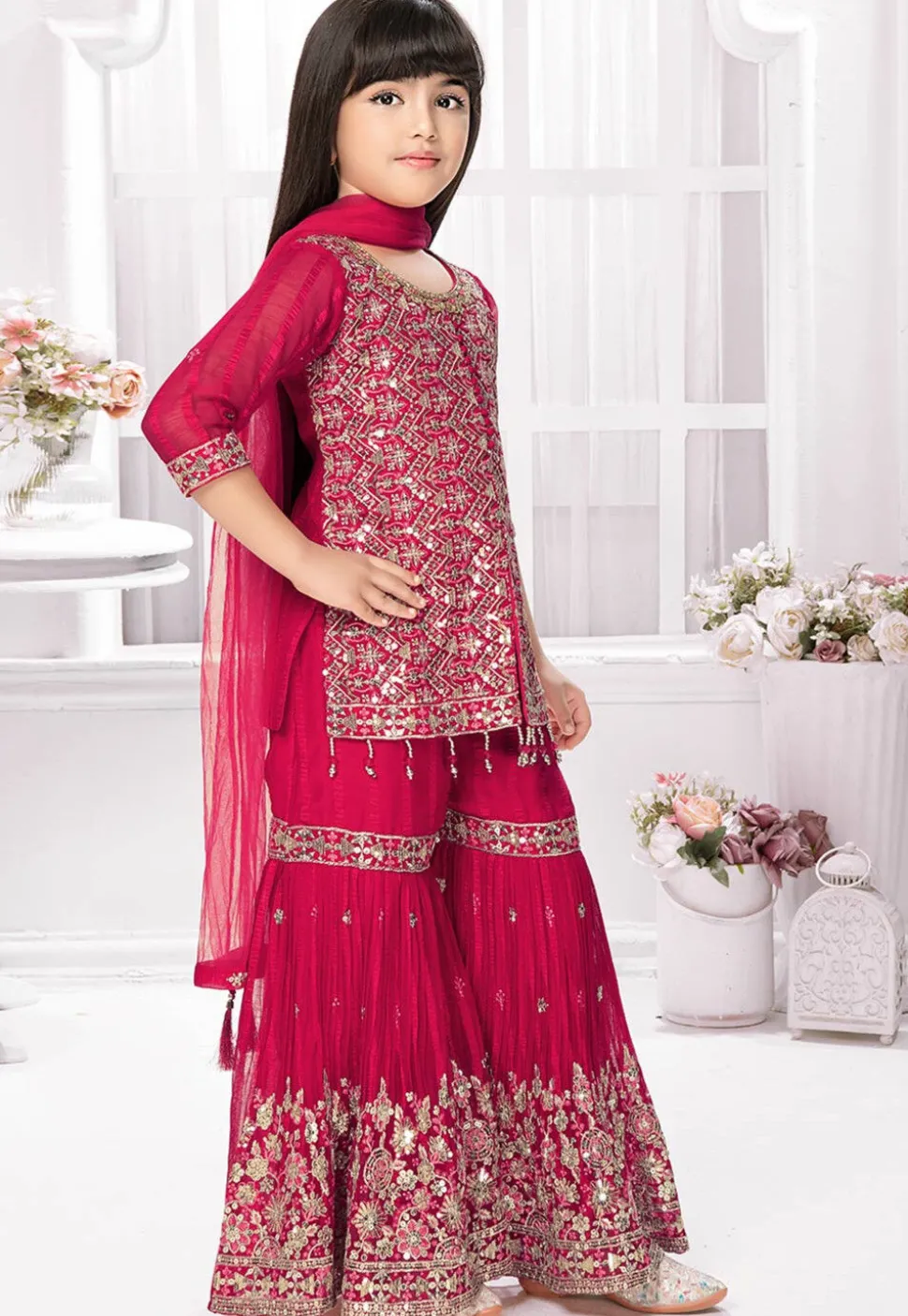 Embroidered Polyester Pakistani Suit in Fuchsia
