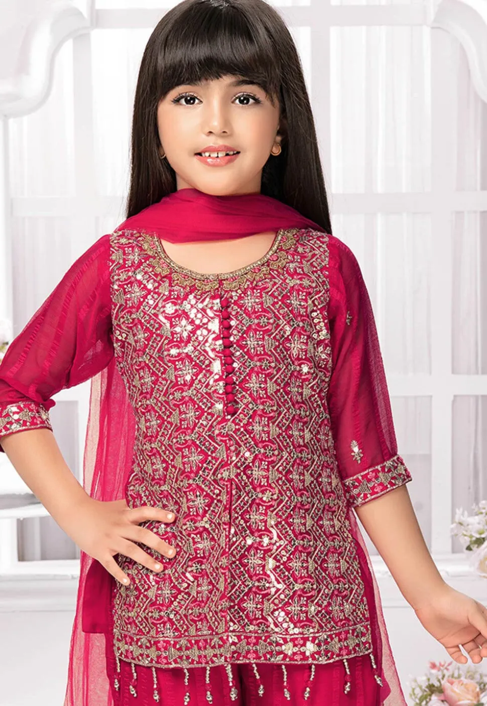 Embroidered Polyester Pakistani Suit in Fuchsia