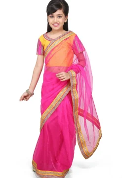 Embroidered Pre Stitched Net Saree in Fuchsia
