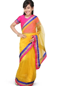 Embroidered Pre Stitched Net Saree in Yellow