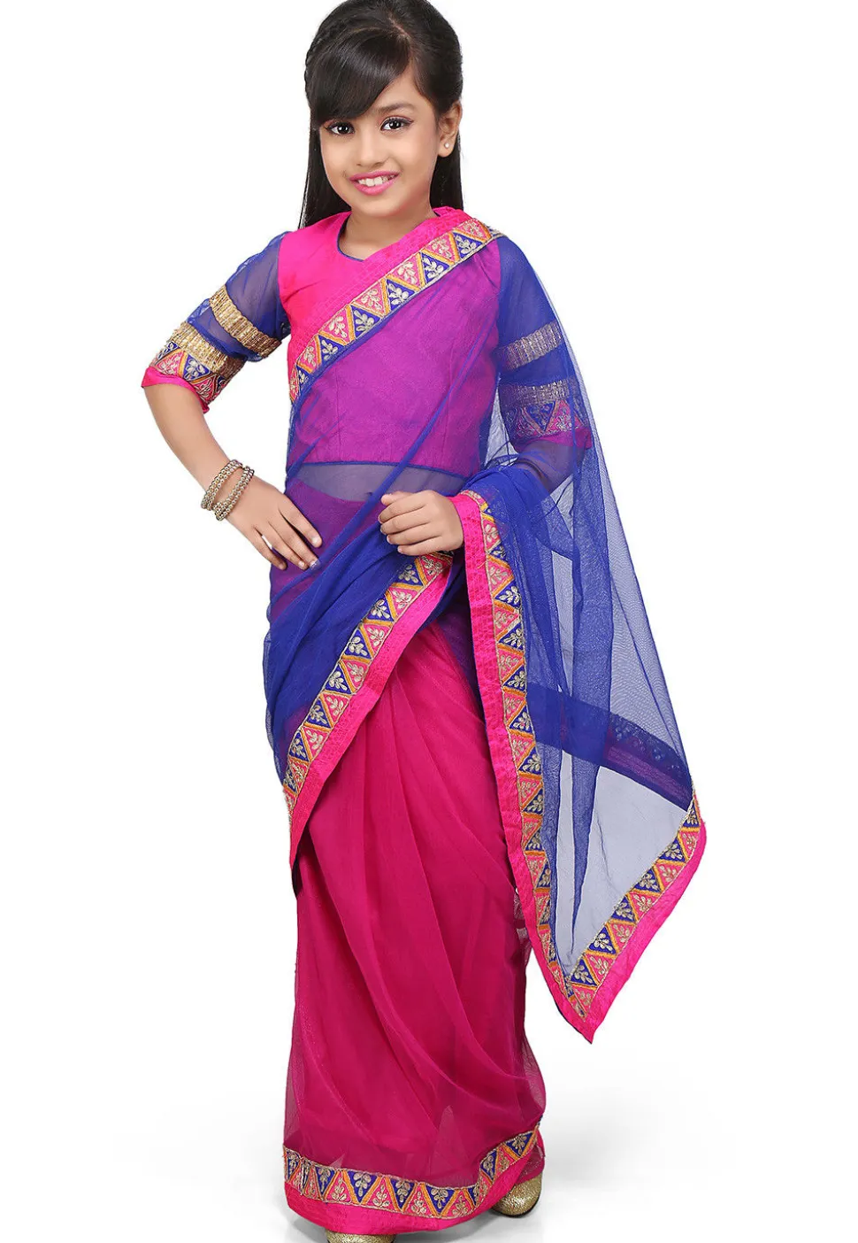 Embroidered Pre Stitched Net Saree in Royal Blue and Fuchsia