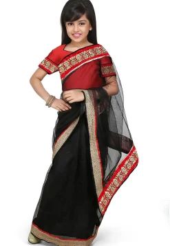 Embroidered Pre Stitched Net Saree in Black