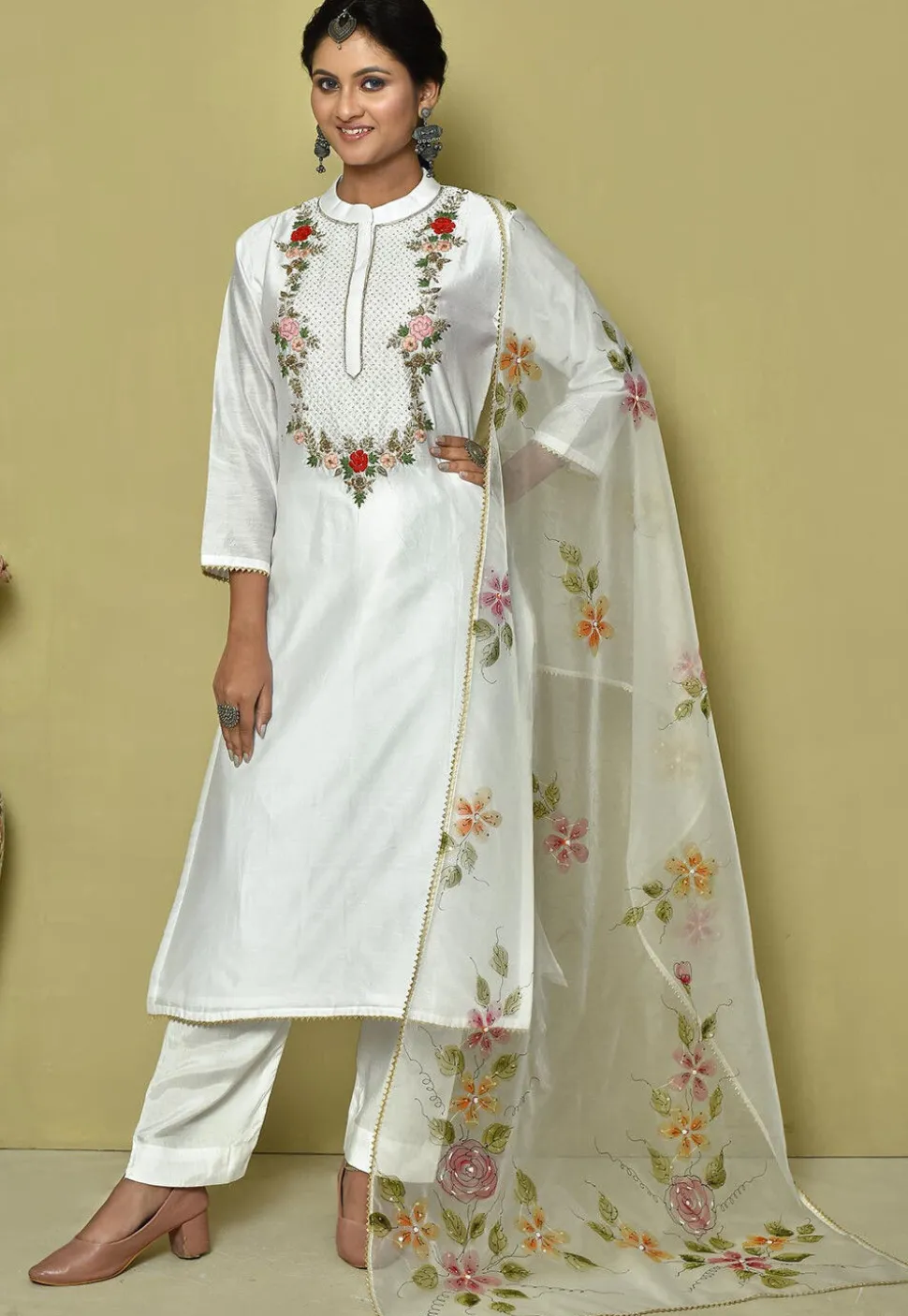 Embroidered Pure Chanderi Silk Pakistani Suit in White