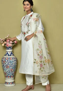 Embroidered Pure Chanderi Silk Pakistani Suit in White