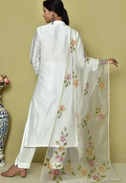 Embroidered Pure Chanderi Silk Pakistani Suit in White
