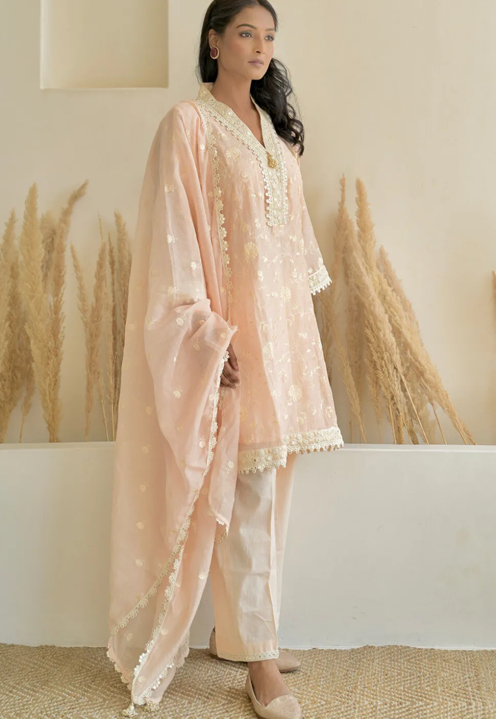 Embroidered Pure Chanderi Silk Pakistani Suit in Light Peach