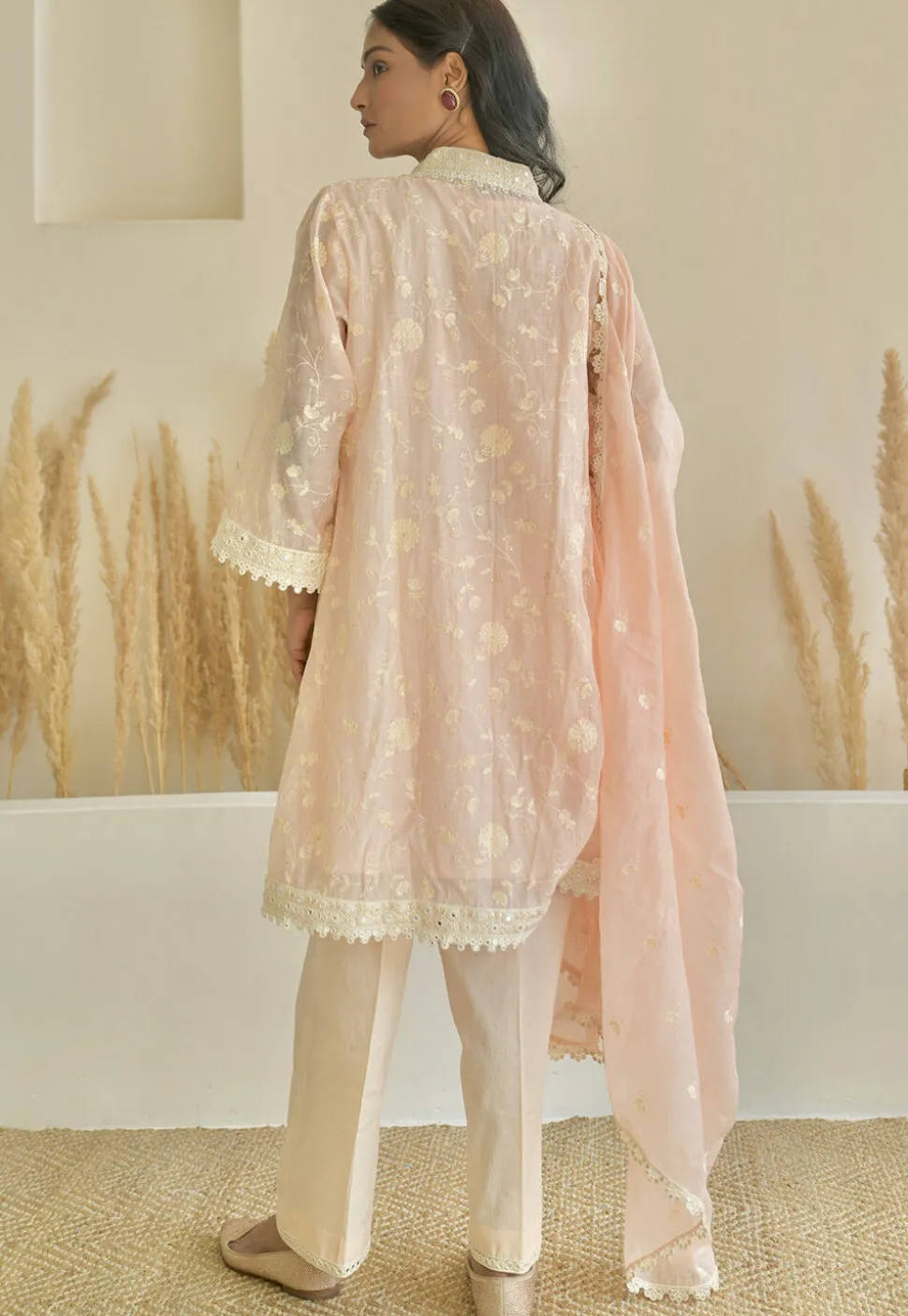 Embroidered Pure Chanderi Silk Pakistani Suit in Light Peach