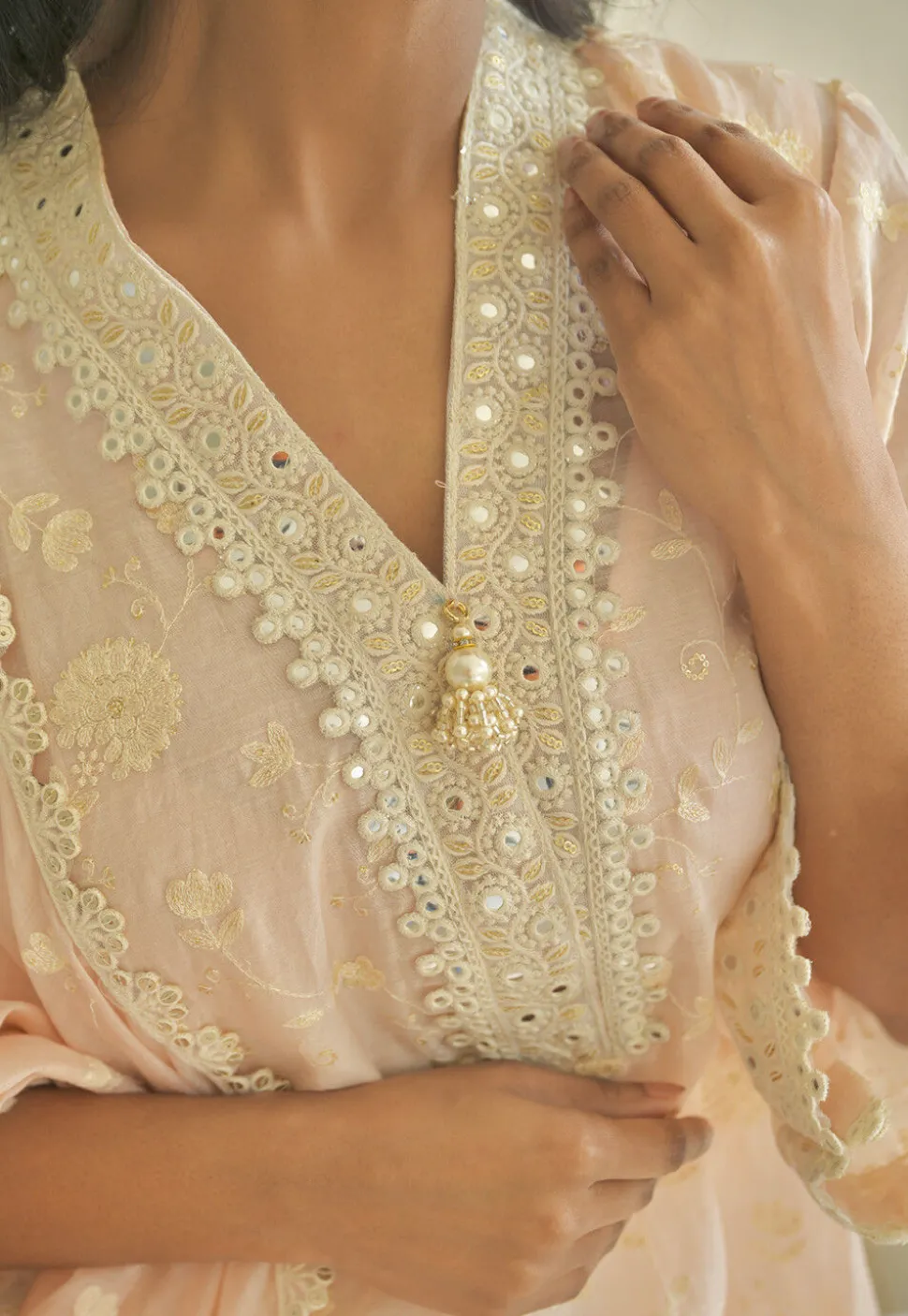 Embroidered Pure Chanderi Silk Pakistani Suit in Light Peach