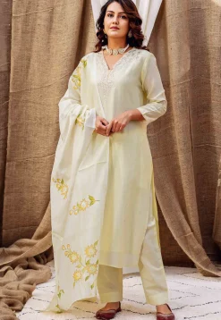 Embroidered Pure Chanderi Silk Pakistani Suit in Light Yellow
