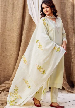 Embroidered Pure Chanderi Silk Pakistani Suit in Light Yellow