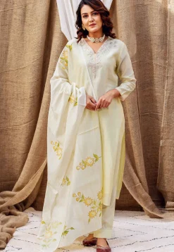 Embroidered Pure Chanderi Silk Pakistani Suit in Light Yellow