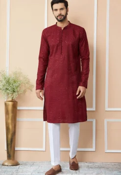 Embroidered Pure Chanderi Silk Kurta Set in Maroon