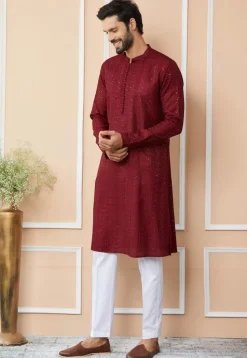 Embroidered Pure Chanderi Silk Kurta Set in Maroon