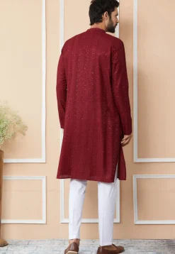 Embroidered Pure Chanderi Silk Kurta Set in Maroon