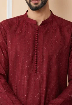Embroidered Pure Chanderi Silk Kurta Set in Maroon