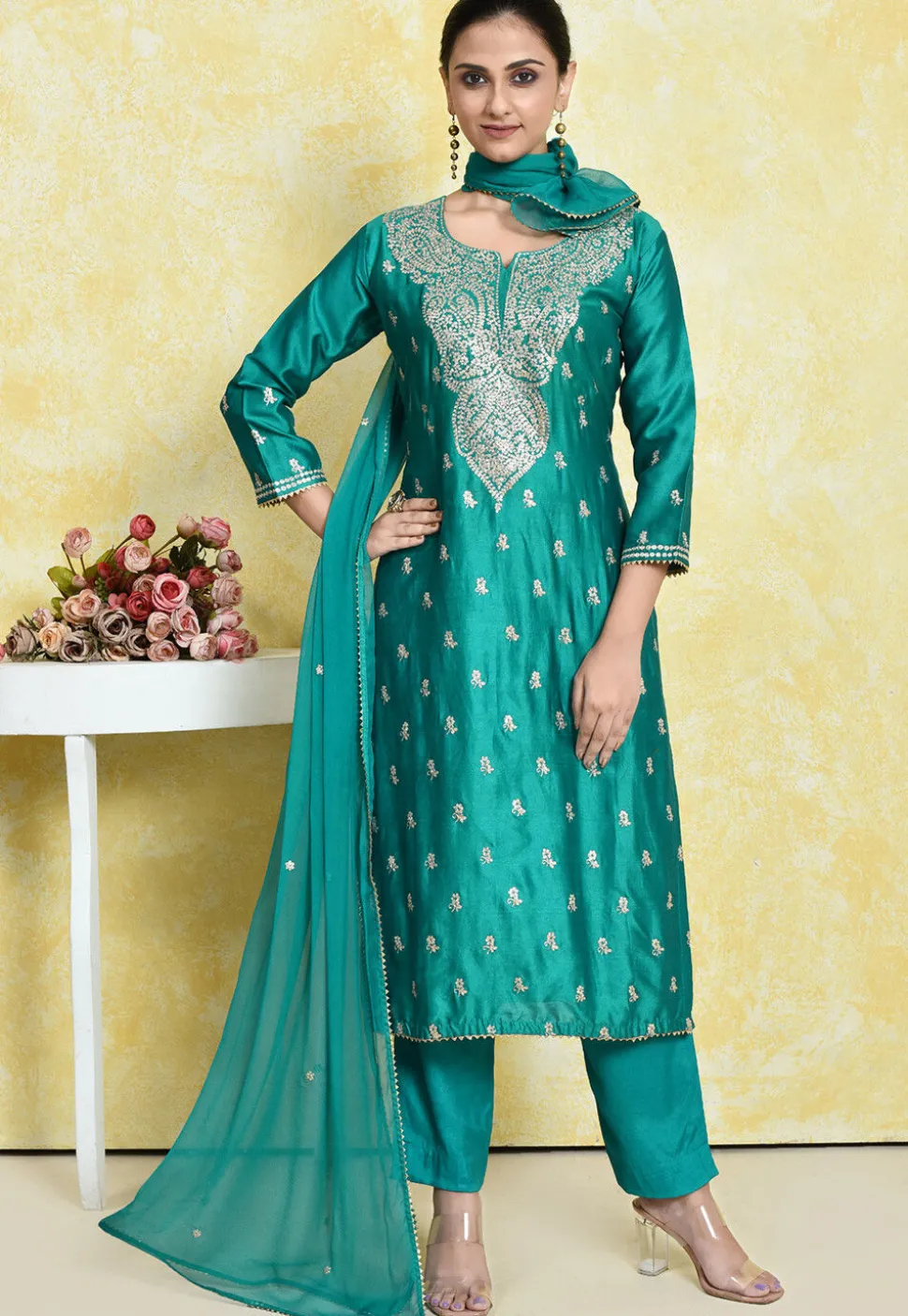Embroidered Pure Chanderi Cotton Pakistani Suit in Teal Green