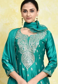Embroidered Pure Chanderi Cotton Pakistani Suit in Teal Green