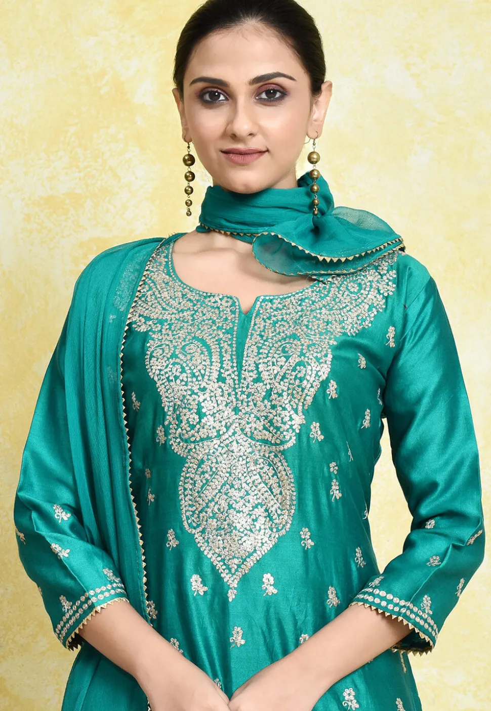 Embroidered Pure Chanderi Cotton Pakistani Suit in Teal Green