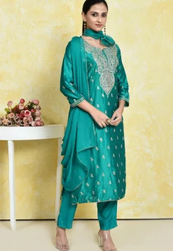 Embroidered Pure Chanderi Cotton Pakistani Suit in Teal Green
