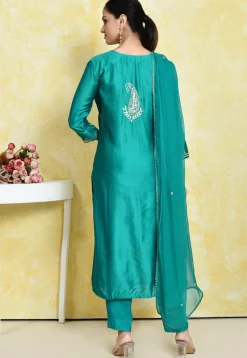 Embroidered Pure Chanderi Cotton Pakistani Suit in Teal Green