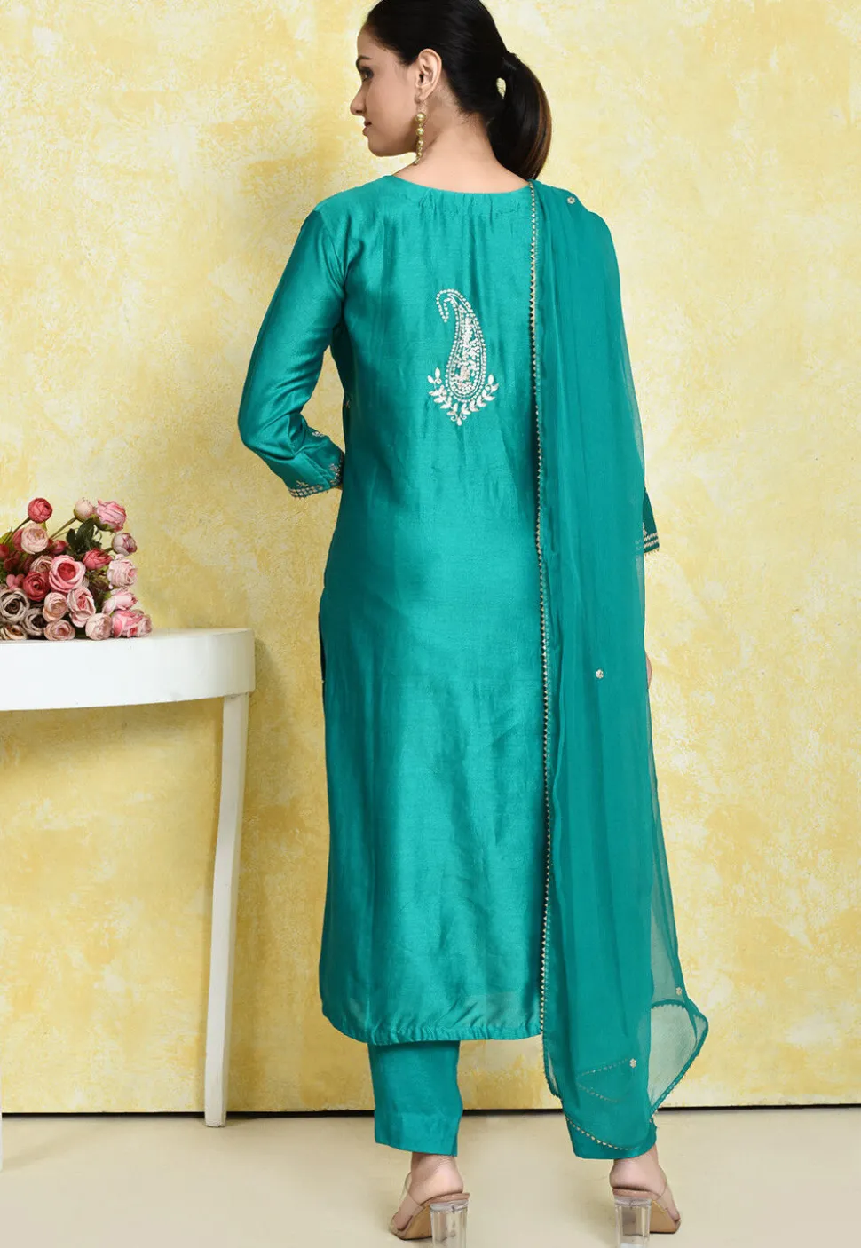 Embroidered Pure Chanderi Cotton Pakistani Suit in Teal Green