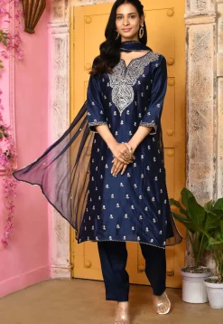 Embroidered Pure Chanderi Silk Pakistani Suit in Navy Blue
