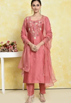 Embroidered Pure Chanderi Cotton Pakistani Suit in Peach