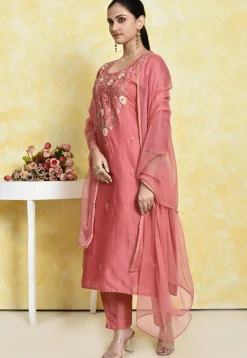 Embroidered Pure Chanderi Cotton Pakistani Suit in Peach