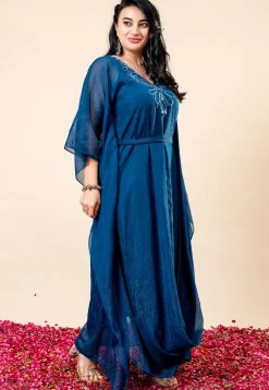 Embroidered Pure Chiffon Shimmer Gown in Teal Blue