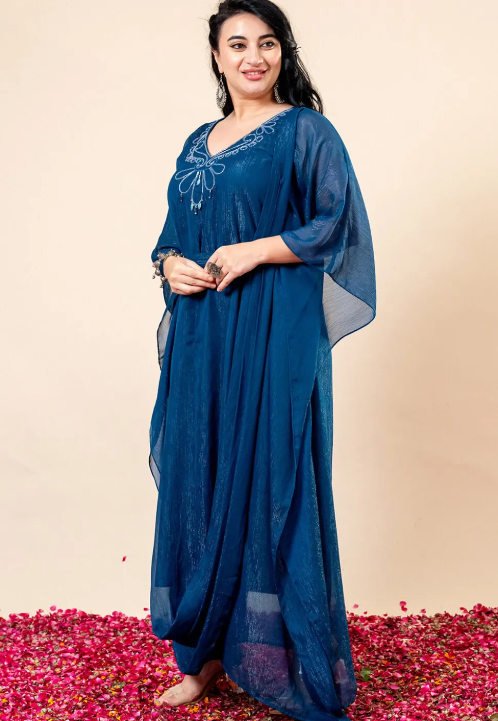 Embroidered Pure Chiffon Shimmer Gown in Teal Blue