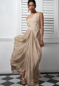 Embroidered Pure Chinon Chiffon Gown in Dark Beige