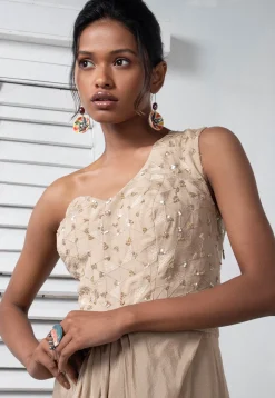 Embroidered Pure Chinon Chiffon Gown in Dark Beige
