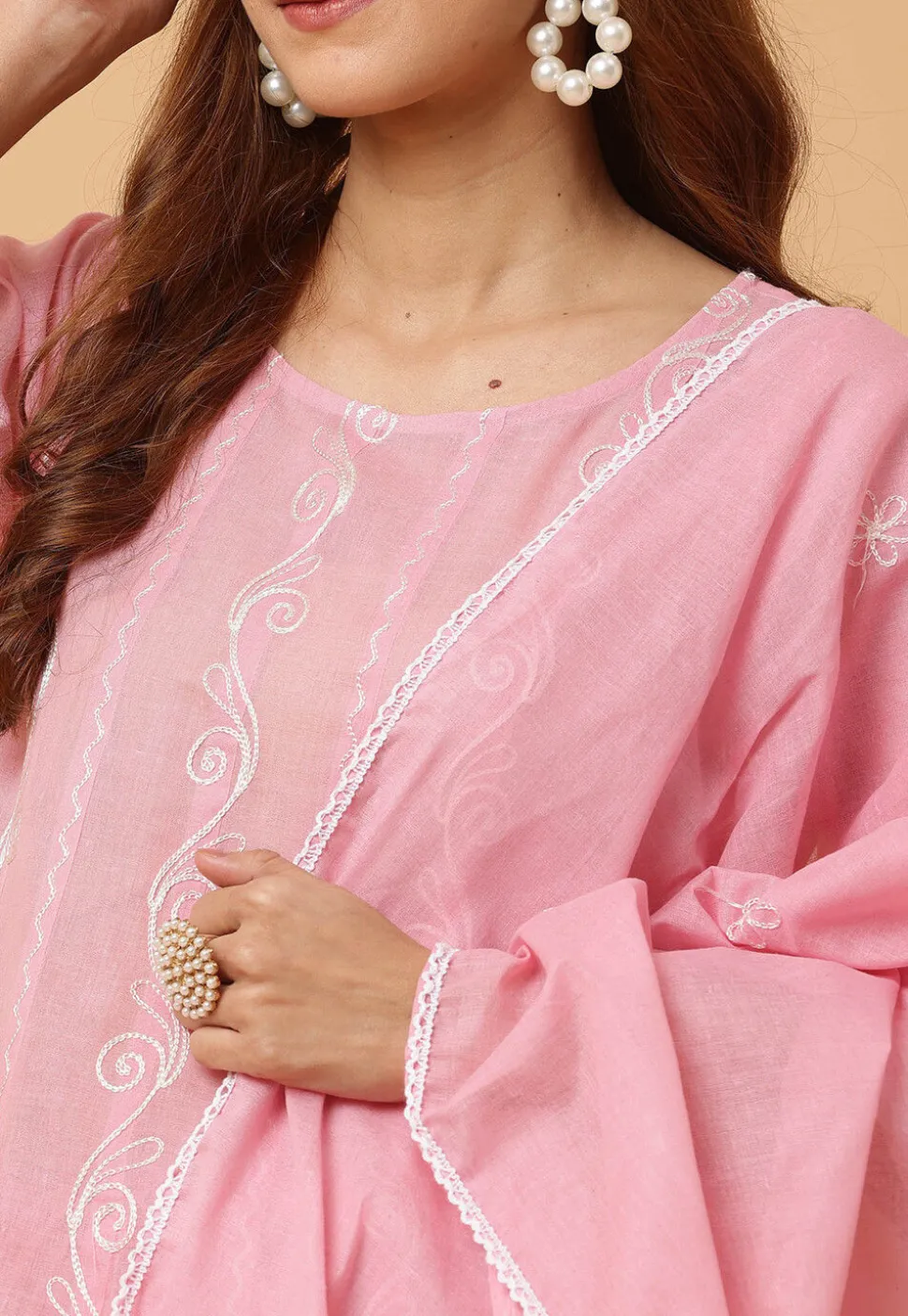 Embroidered Pure Cotton Anarkali Suit in Pink