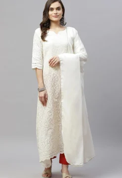 Embroidered Pure Cotton Aline Suit in Off White