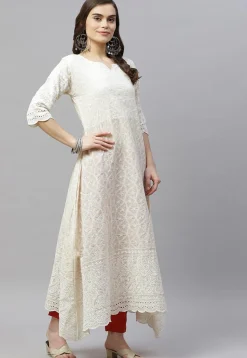 Embroidered Pure Cotton Aline Suit in Off White