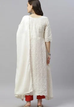Embroidered Pure Cotton Aline Suit in Off White