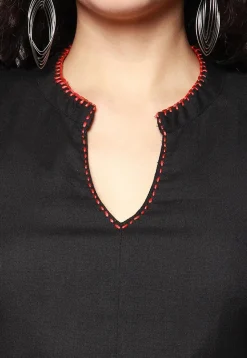 Embroidered Pure Cotton Aline Dress in Black