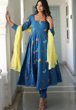 Embroidered Pure Cotton Aline Suit in Blue