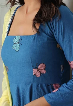 Embroidered Pure Cotton Aline Suit in Blue