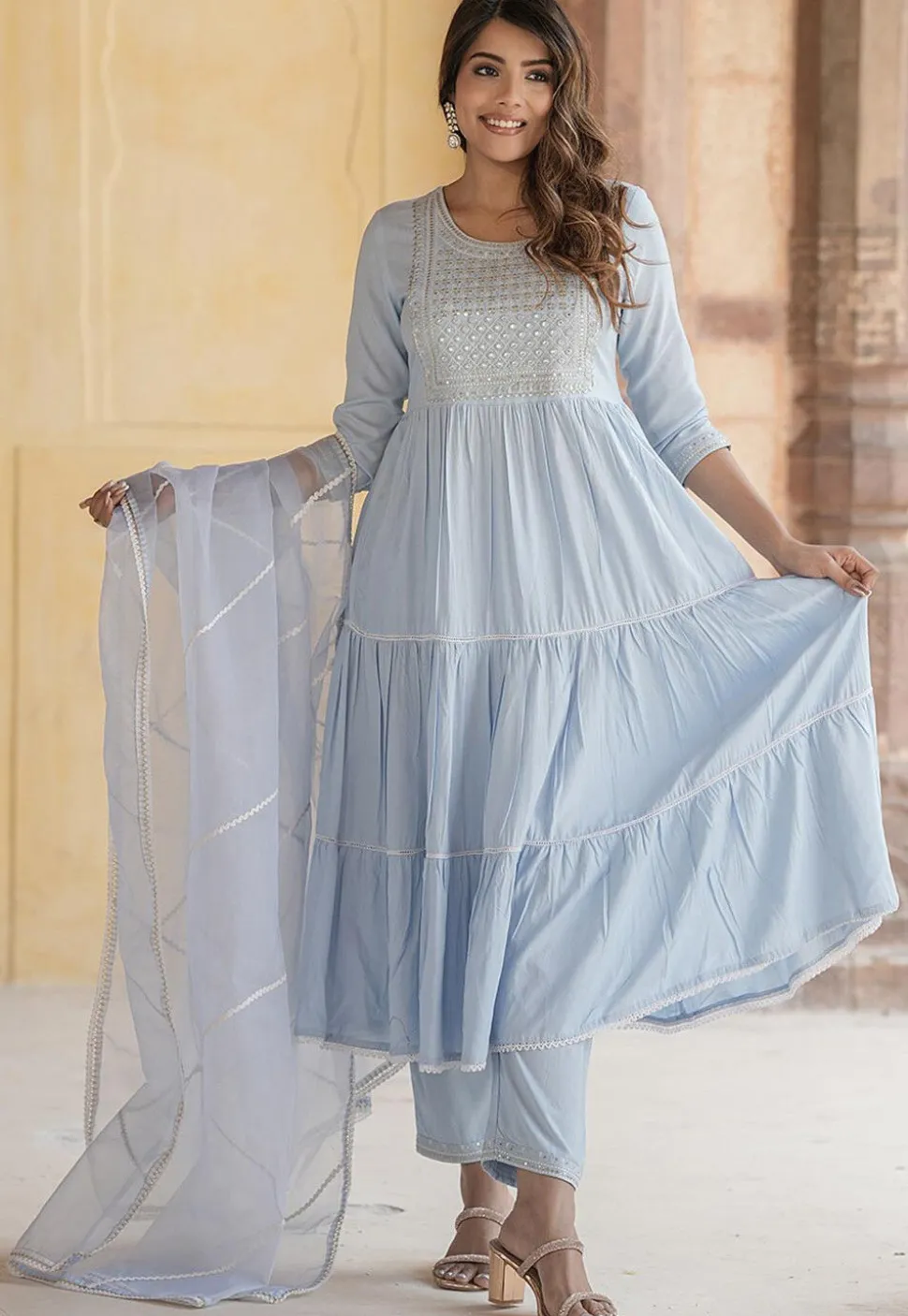 Embroidered Pure Cotton Aline Suit in Sky Blue