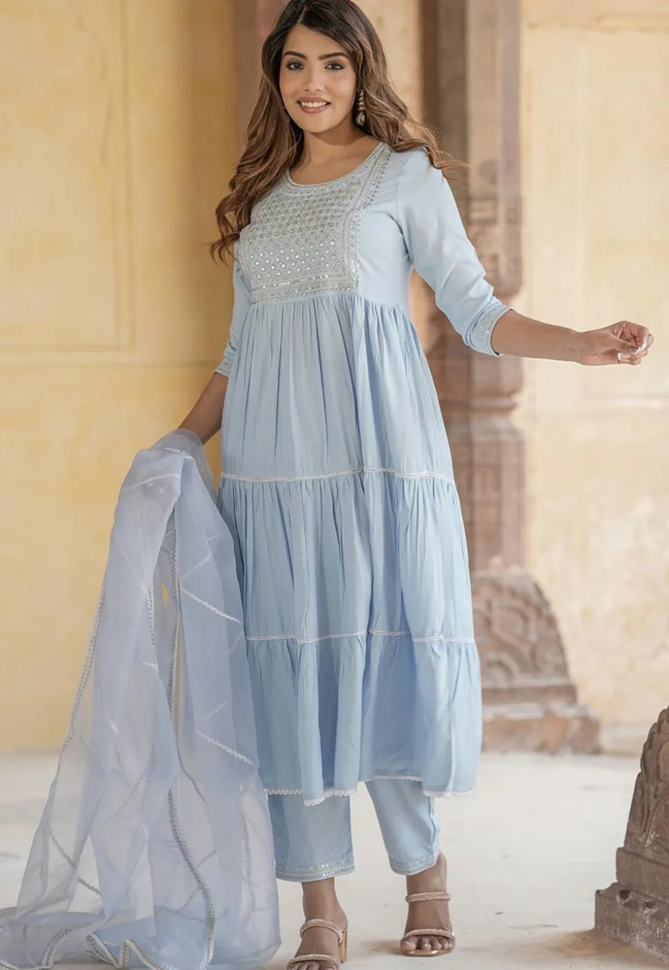 Embroidered Pure Cotton Aline Suit in Sky Blue