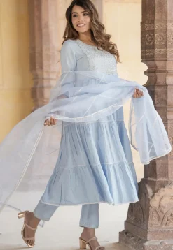 Embroidered Pure Cotton Aline Suit in Sky Blue