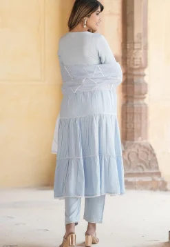 Embroidered Pure Cotton Aline Suit in Sky Blue